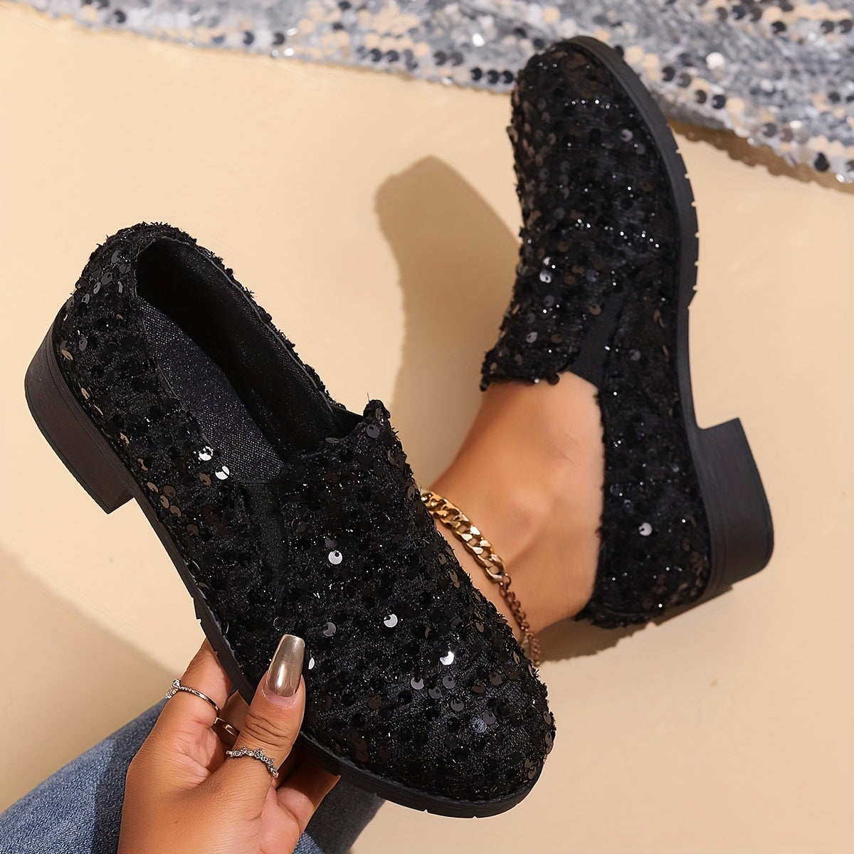 Women's Sequin Nurse Loafers Black Fabric Slip-On Flats with Bow