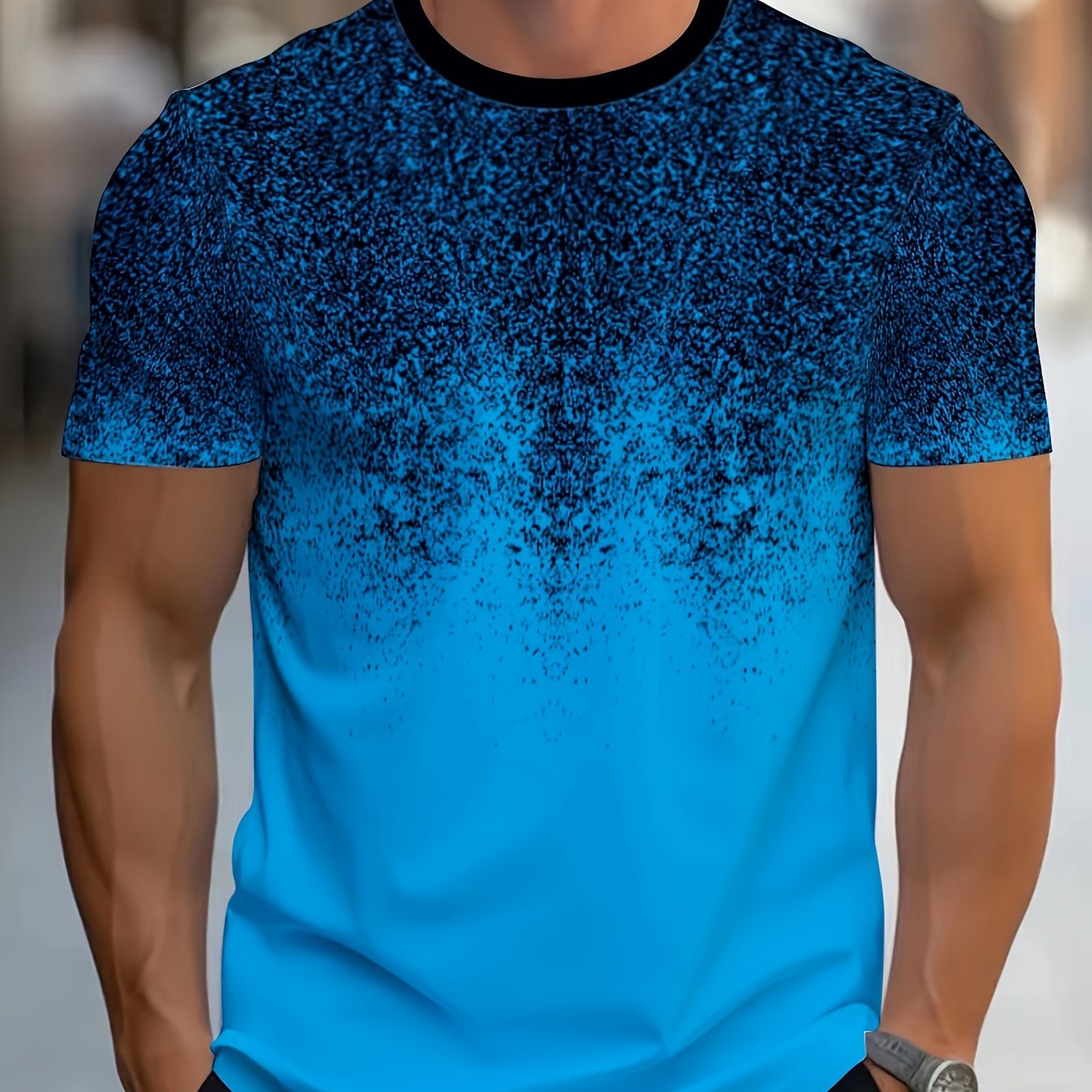 Мужская футболка большого размера с омбре-принтом, короткий рукав, круглый вырез, полиэстеровая смесь, лето, синий и черный