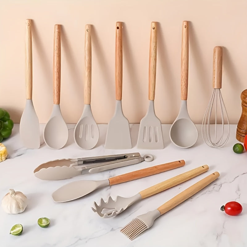 Set of 12 Silicone Kitchen Utensils and Cookware with Wooden Handles