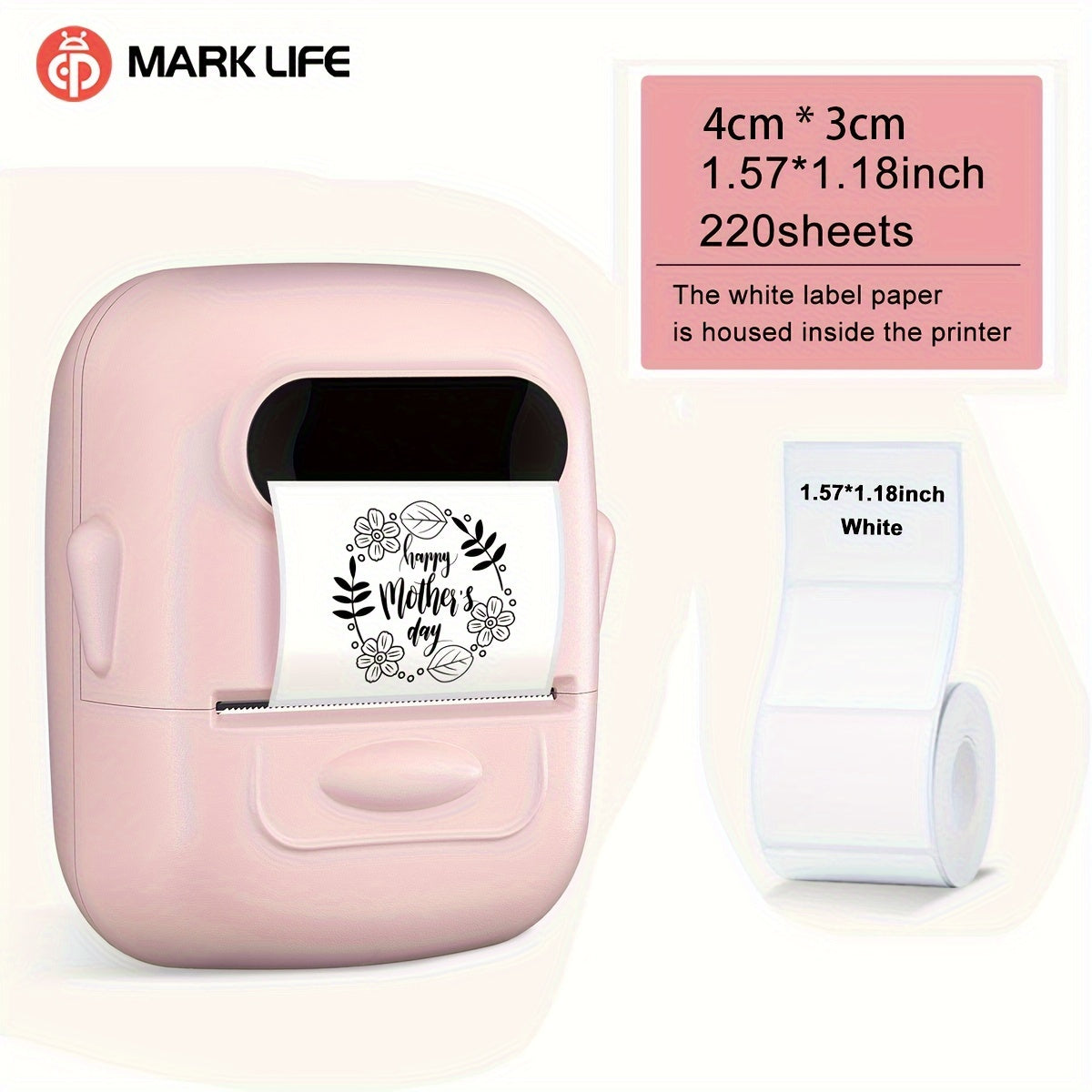 Makrlife P50 Termal Etiket Yozuvchisi, Barcode, QR Kodu, Zargarlik va Chakana Kiyim Teglari uchun Portativ Simsiz Printer; Android va iOS bilan mos keladi; 1 Rulon 40*30mm Oq Stickerni o'z ichiga oladi.