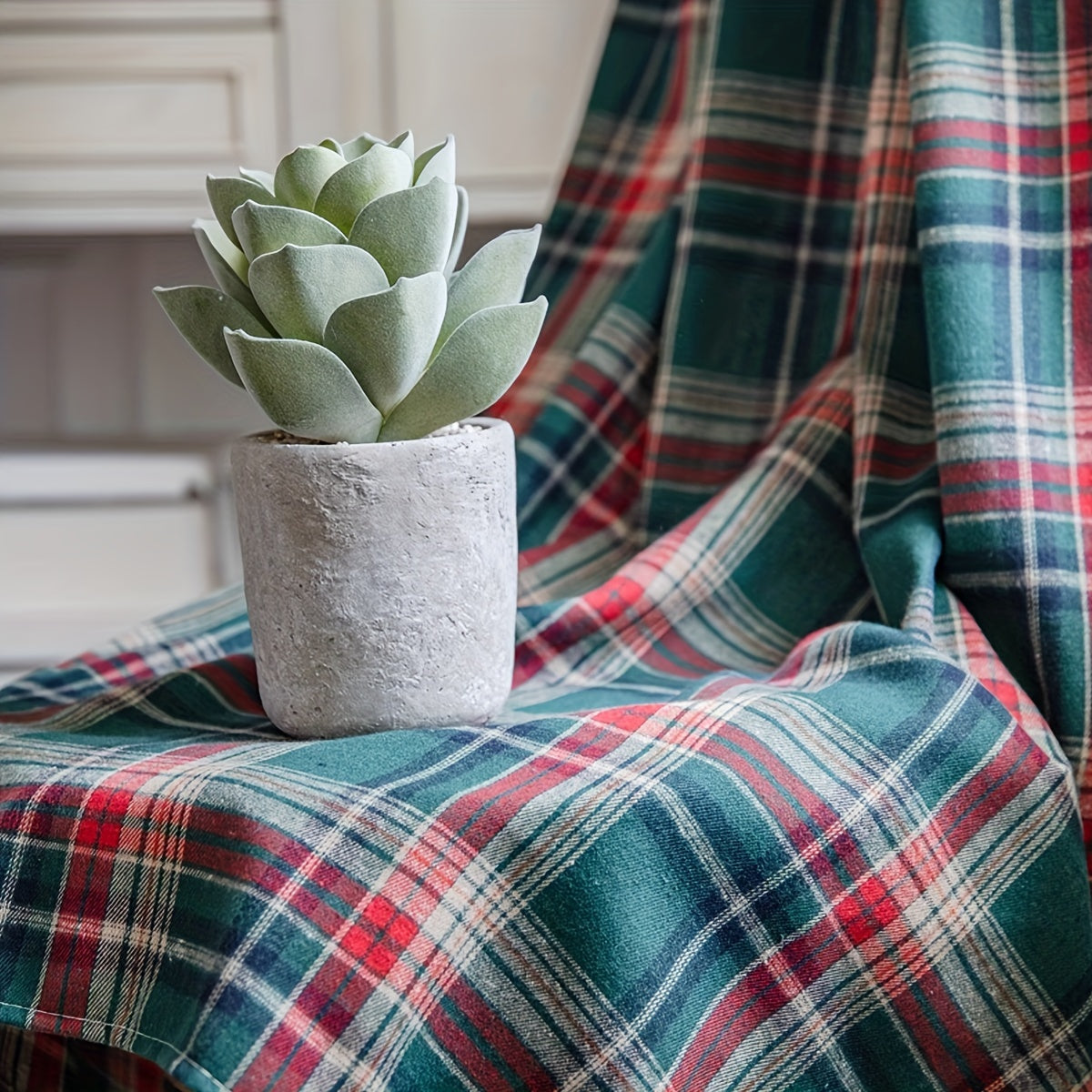 Green Plaid Christmas Curtain with Invisible Rod for Bedroom Balcony Living Room