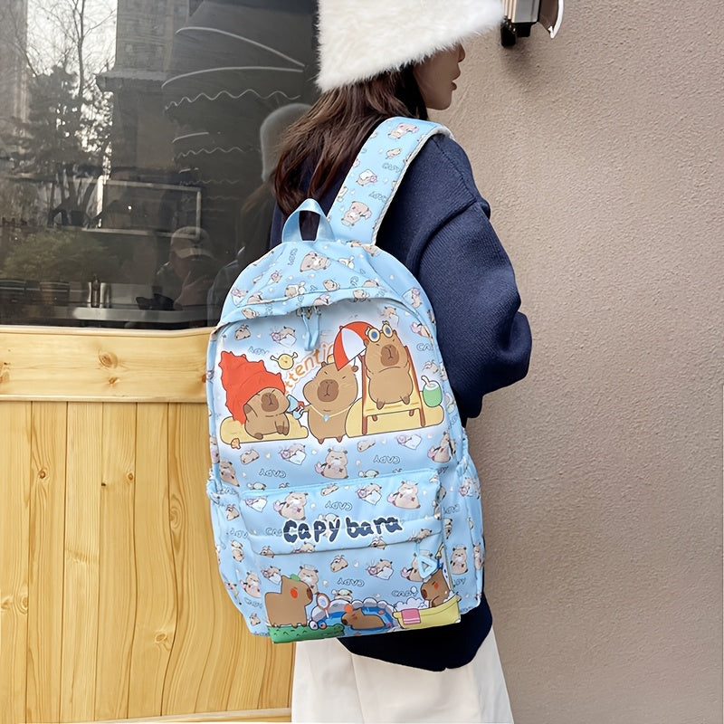 Yoqimli kapibara naqshli katta hajmdagi nylontan tayyorlangan maktab sumkasi, sozlanadigan kamarlar bilan