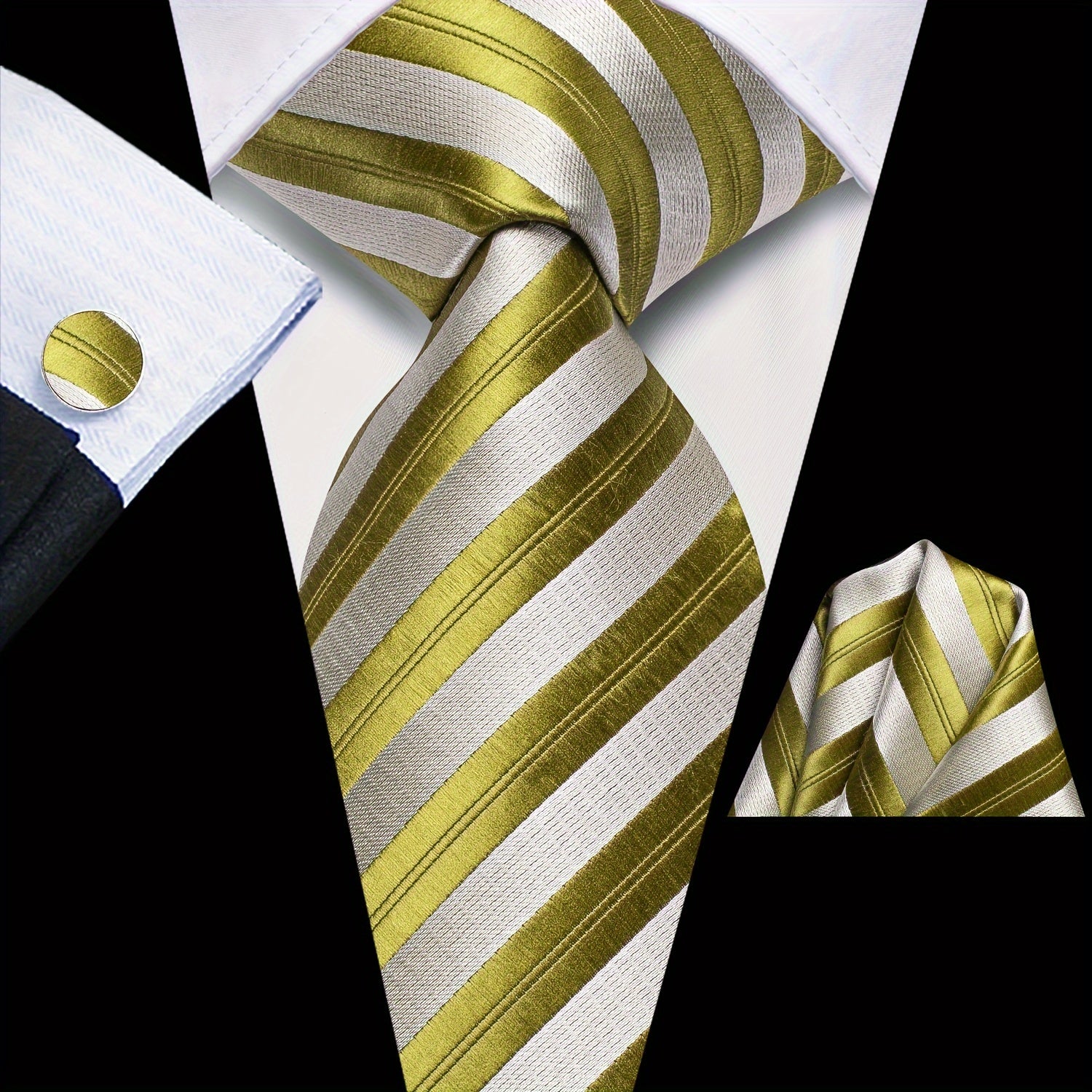 Men's Classic Striped Necktie Set with Cufflinks for Business and Party