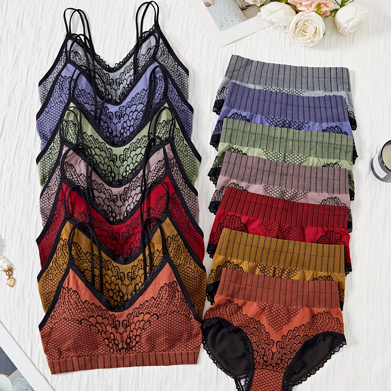 Women’s Baroque Style Lingerie Set with Removable Pads and Mid-Rise Briefs in 7 Color Pack
