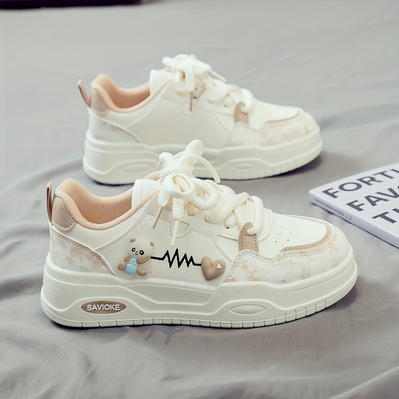 Women's White Mid-Top Sneakers with Cushioned PVC Sole and Heart Stripes