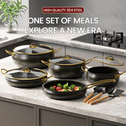 12-Piece Stainless Steel Cookware Set Non-Stick Pots with Golden Handles and Silicone Kitchenware