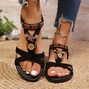Women's Bohemian Flat Sandals Black Gold Open-Toe Summer Casual Strappy