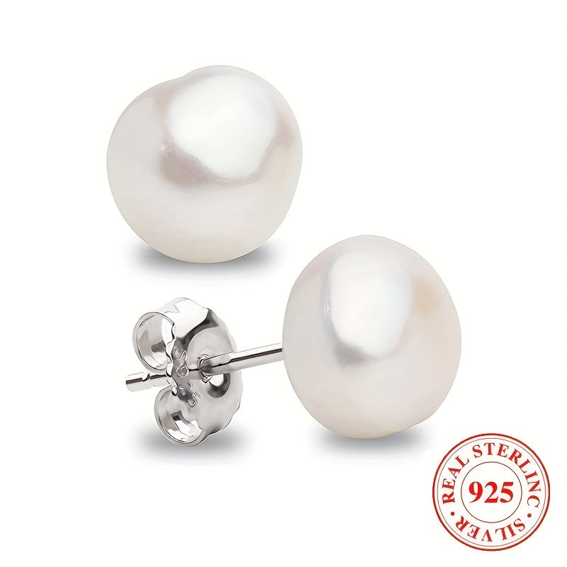 Women's Pearl Stud Earrings with S925 Silver and Baroque Design
