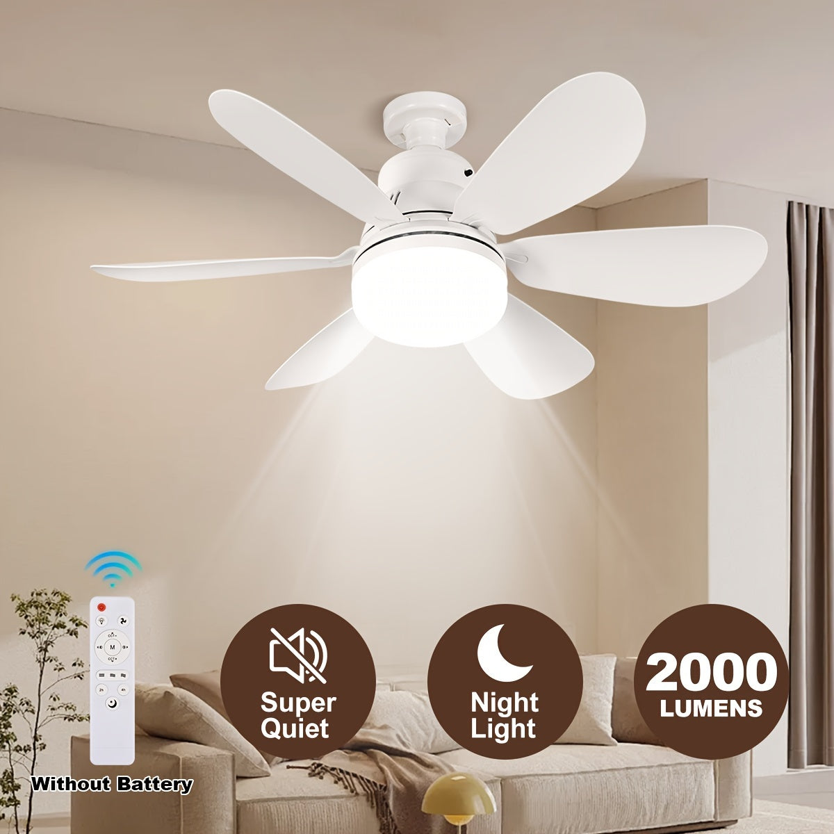 Smart Ceiling Fan with Lamp Remote Control Dimmable E26/E27 Socket for Bathroom Bedroom Kitchen Living Room