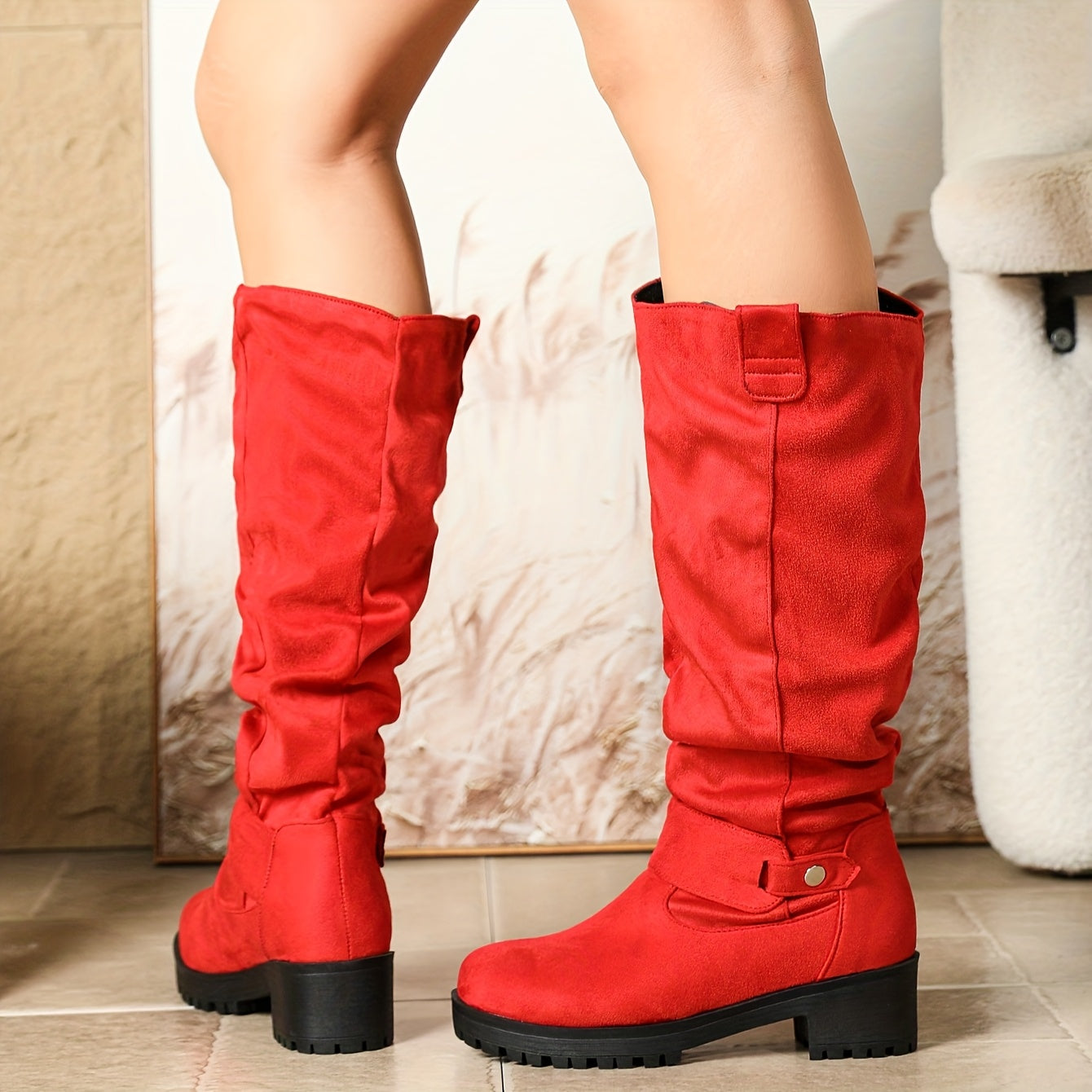 Women's Black Knee-High Fabric Boots with Buckle Straps and Chunky Heel