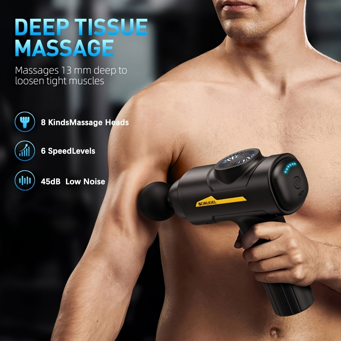Deep Tissue Massage Gun with 8 Heads 6 Speeds Rechargeable Handheld Electric Muscle Massager