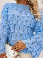 Plus Size Women's Cable Sweater Light Blue Long Sleeve Crew Neck