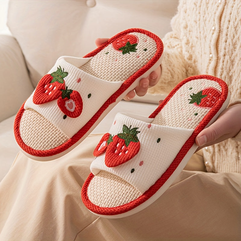 Women's Linen Slip-On Shoes with Strawberry Heart Design Indoor Non-Slip