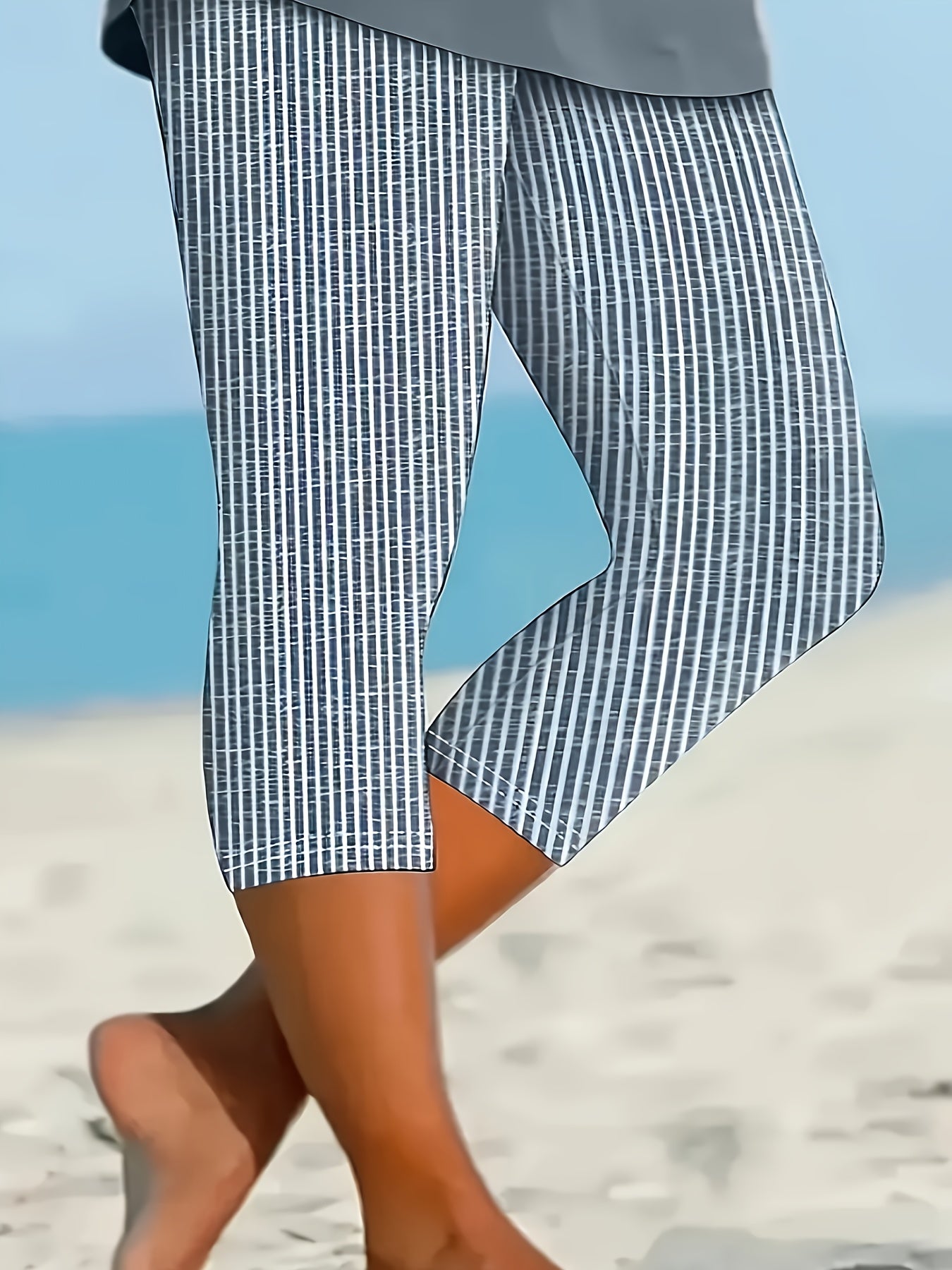 Women’s Plus Size Striped Capri Leggings Medium Stretch Beachwear