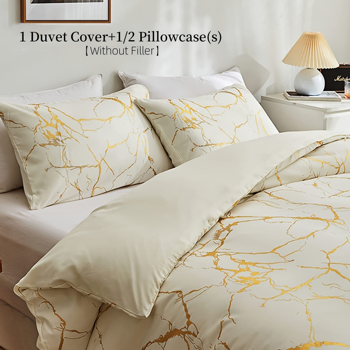 White Marble Pattern Quilt Cover Set with Gold Foil Print 2/3 Pieces Bedding