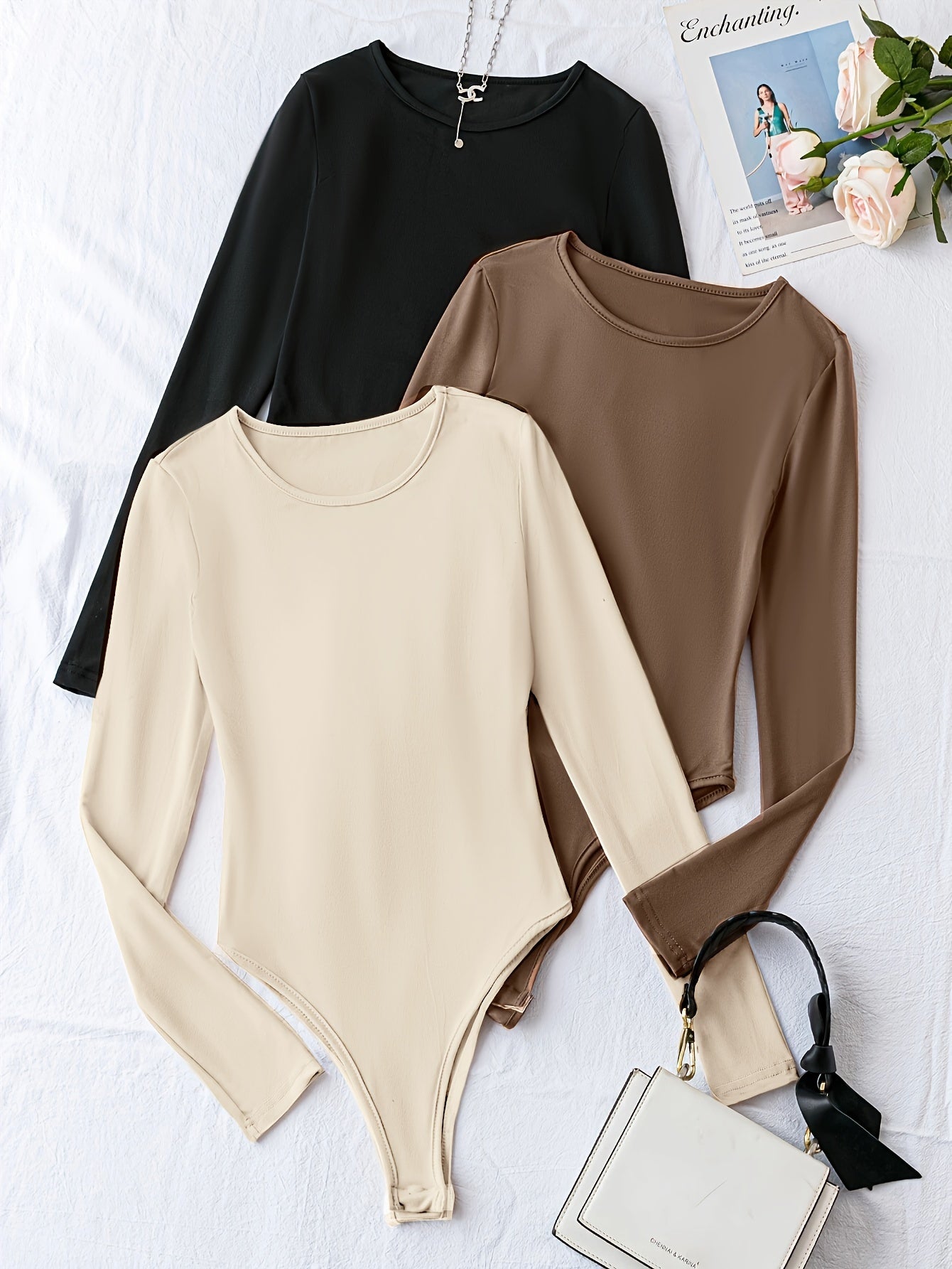 Women's Solid Polyester Crew Neck Long Sleeve Bodysuits Pack of Three Casual One-Piece Clothing