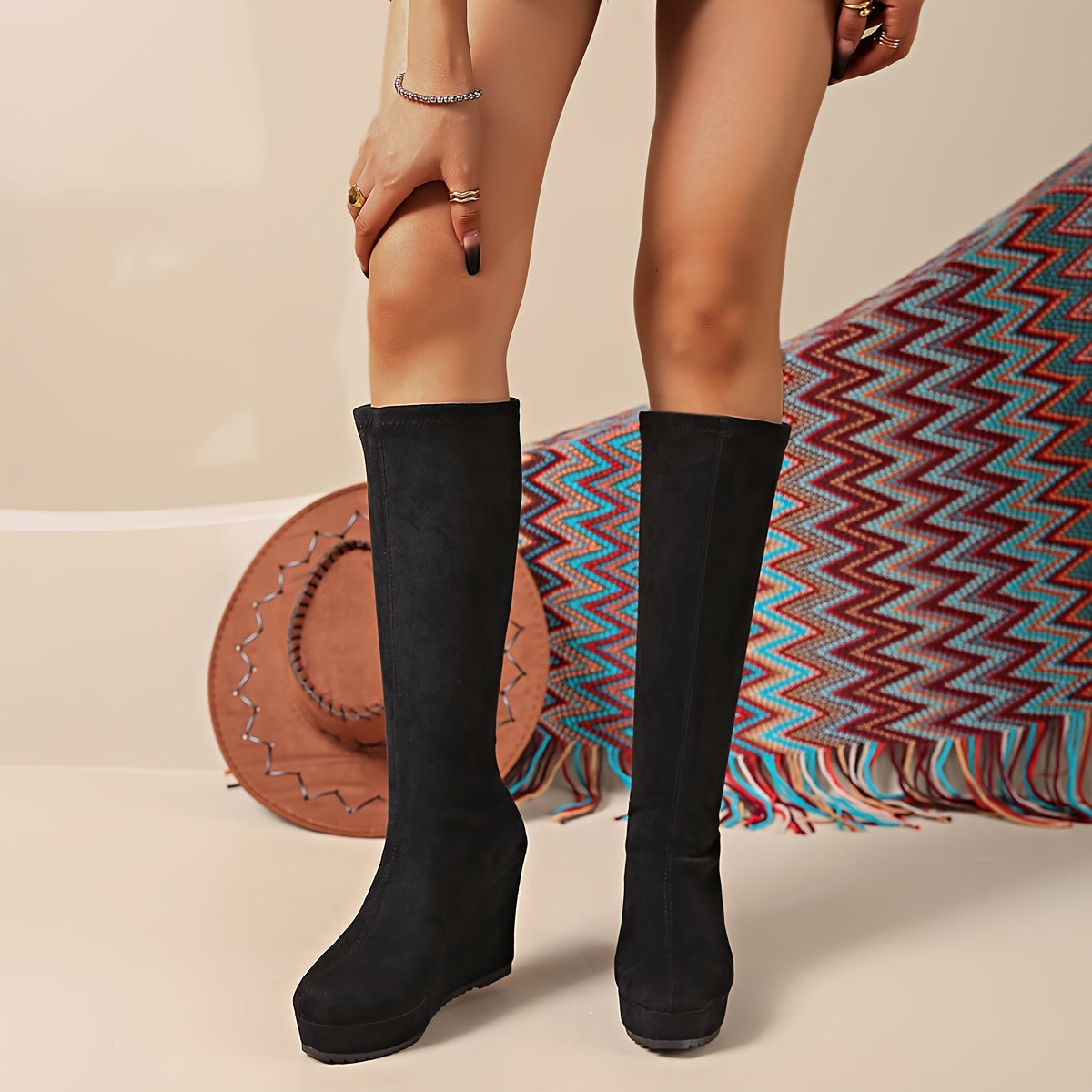 Women's Knee-High Platform Heel Boots Rubber Sole Fabric Lining