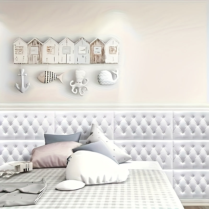 5pcs White 3D Self-Adhesive Wall Panels Headboard for Bedroom Living Room