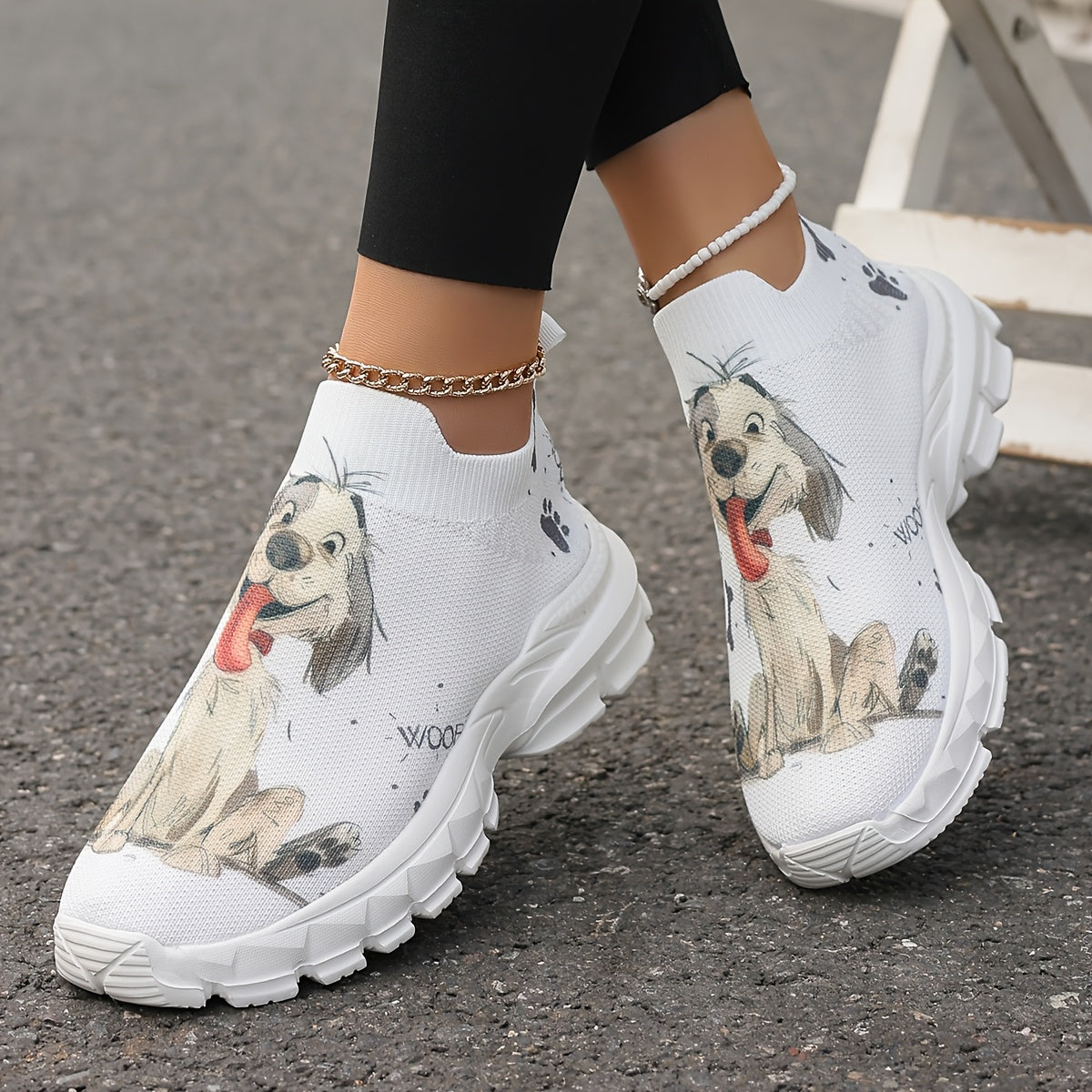 Women's Casual Sneakers with Puppy Print Lightweight Breathable Fabric