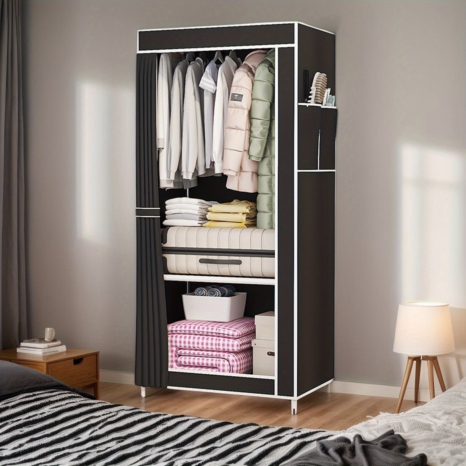 Organizador de armario robusto con cubierta a prueba de polvo, estantes de múltiples niveles