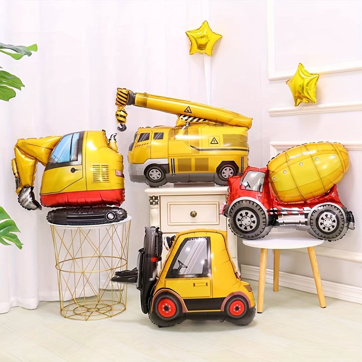 Set of 4 Construction Vehicle Foil Balloons for Birthday Party Decorations