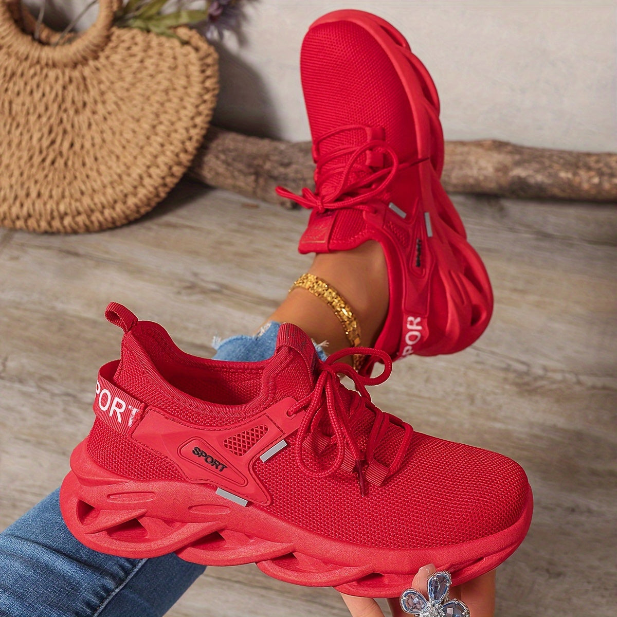 Women’s Red Breathable Knit Running Shoes Lightweight Cushion Sneakers