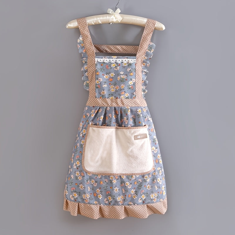 Floral Lace Princess Apron with Pocket for Kitchen and Bathroom Cleaning