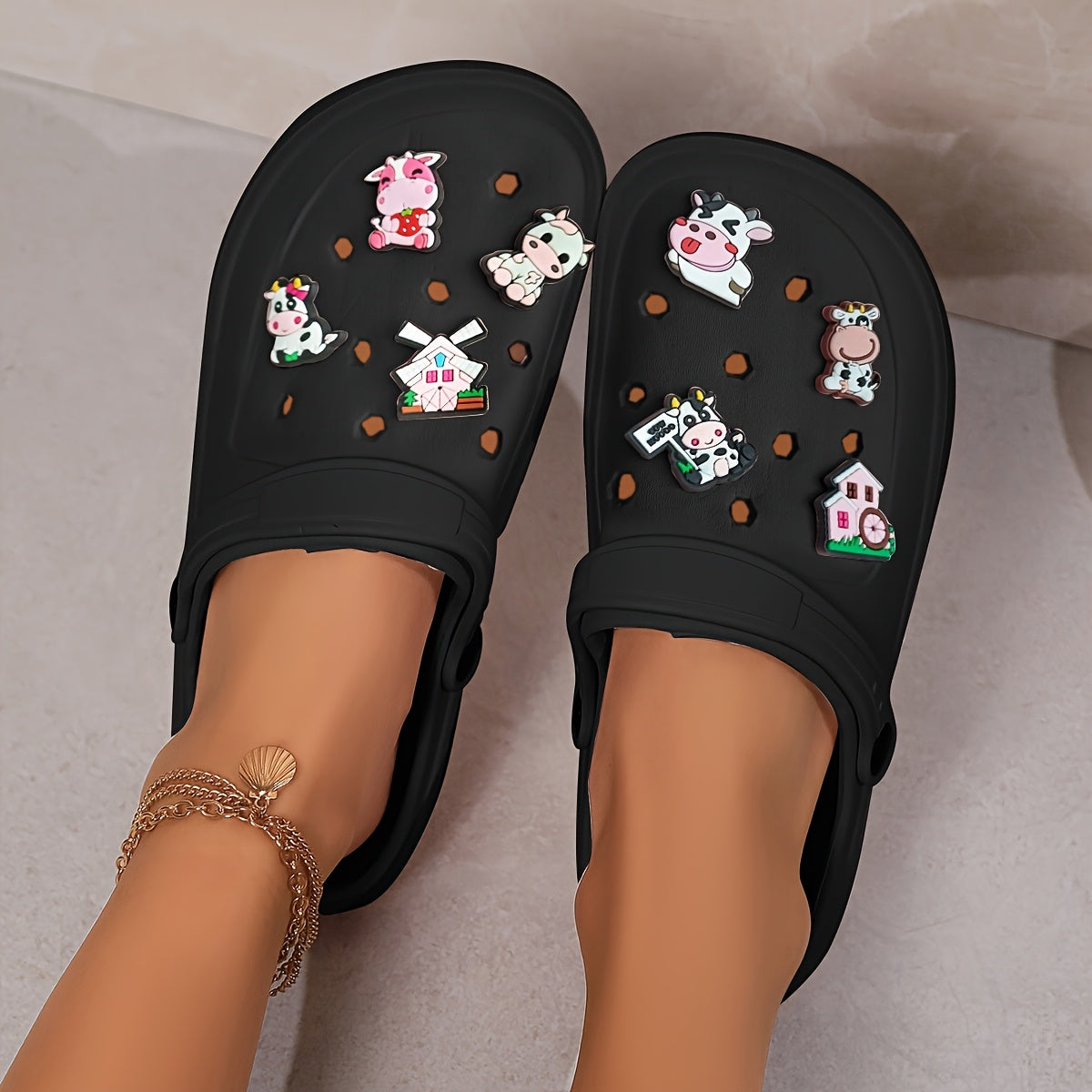 Women's Summer EVA Clogs with Cartoon Cow and Windmill Charms Sandals