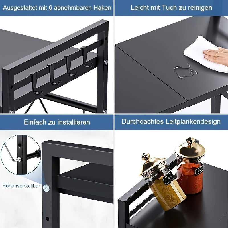 Moslashuvchan dizaynga ega oshxona burchak polki va joyni tejovchi stol usti mikroto'lqinli pech uchun rack, mustahkam 304 zanglamaydigan po'latdan tayyorlangan. 6 ta osma uchun g'ishtlar va oson vertikal o'rnatish bilan ta'minlangan