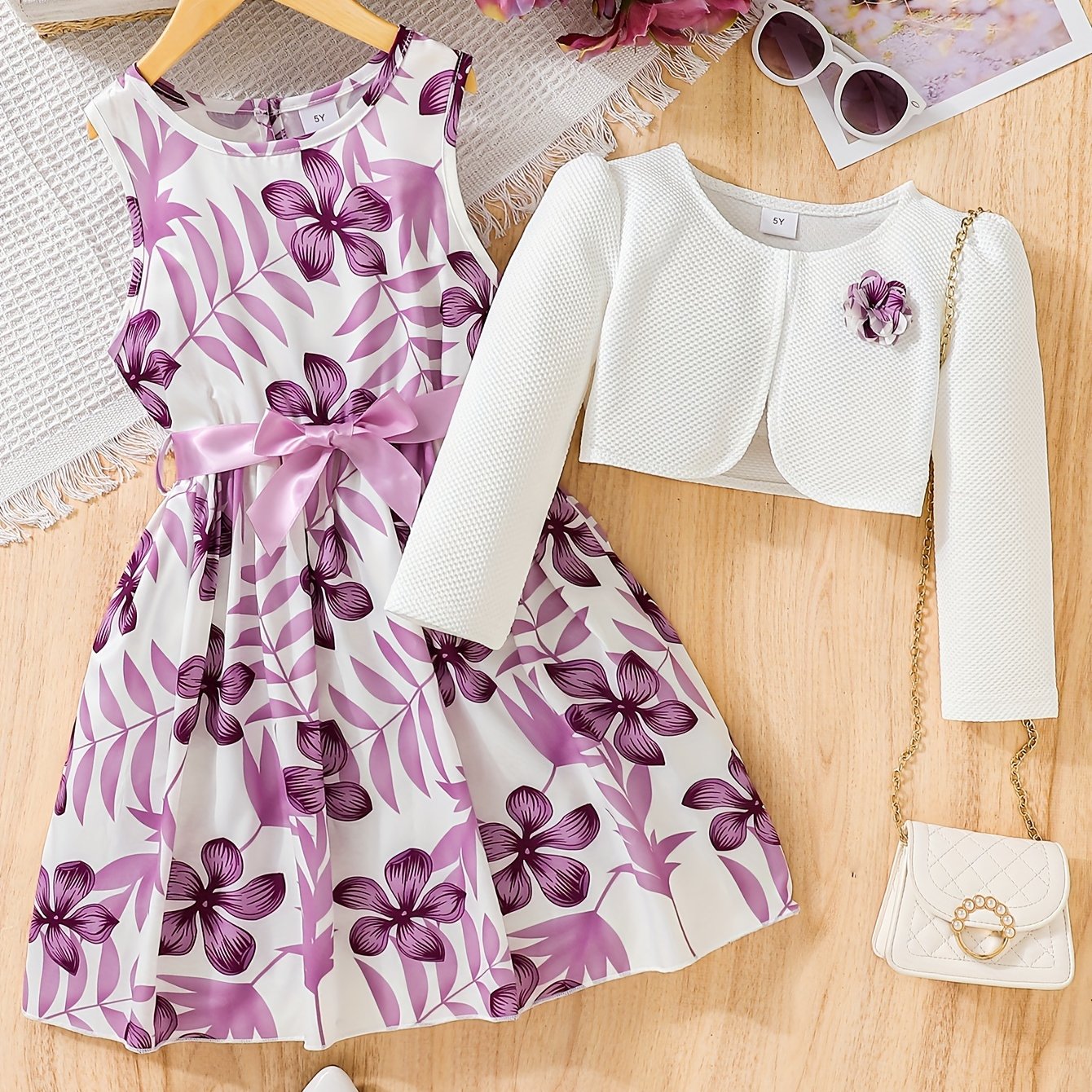 Girls Butterfly Casual Two-Piece Dress Set with Midi Length and Belt