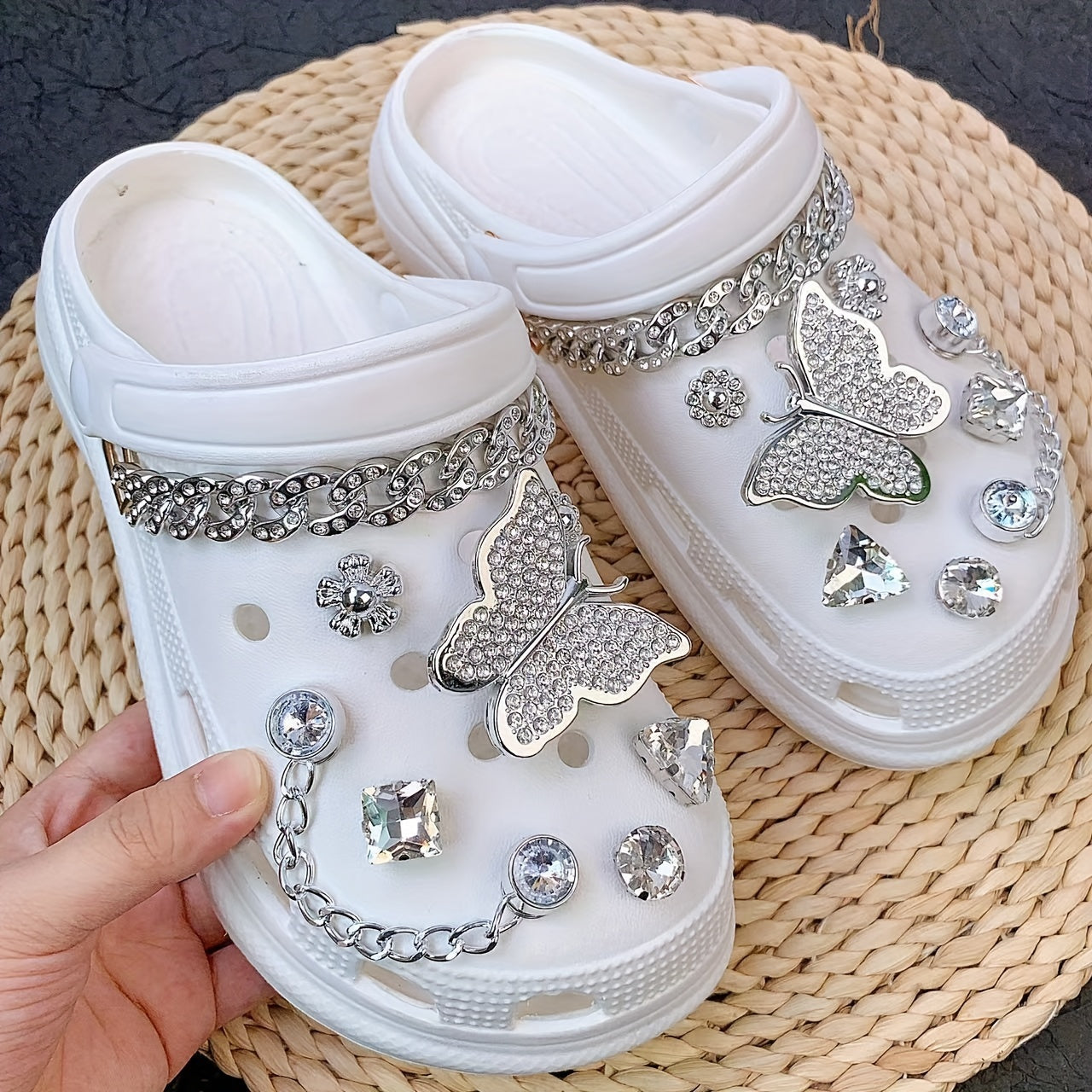 Women Shoe Accessories Set 14/16pcs Bone Butterfly Sunflower Chains for Hole Shoes