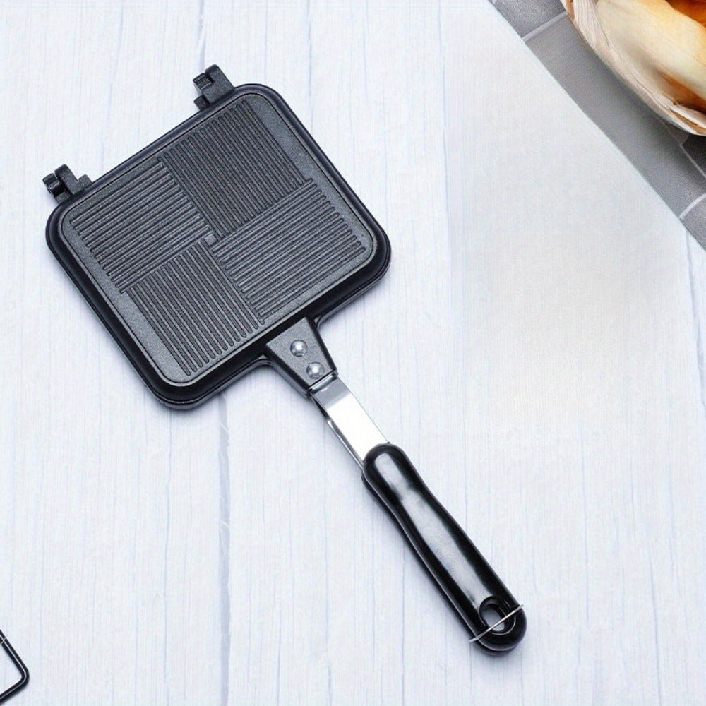 Olib tashlanadigan egilgan sendvich tayyorlash panasi, ikki tomonlama isitish bilan, 1000W alyuminiy kvadrat grill, nonushta sendvichlari, grill, tuxum, pancake uchun. Mashina yuvish uchun mos, batareyalar talab qilinmaydi.