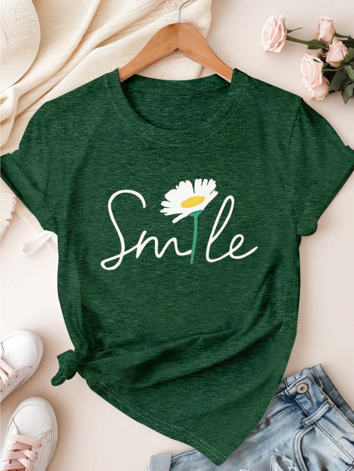 Plus Size Women's Floral Cotton T-Shirt Casual Daisy Print Short Sleeve