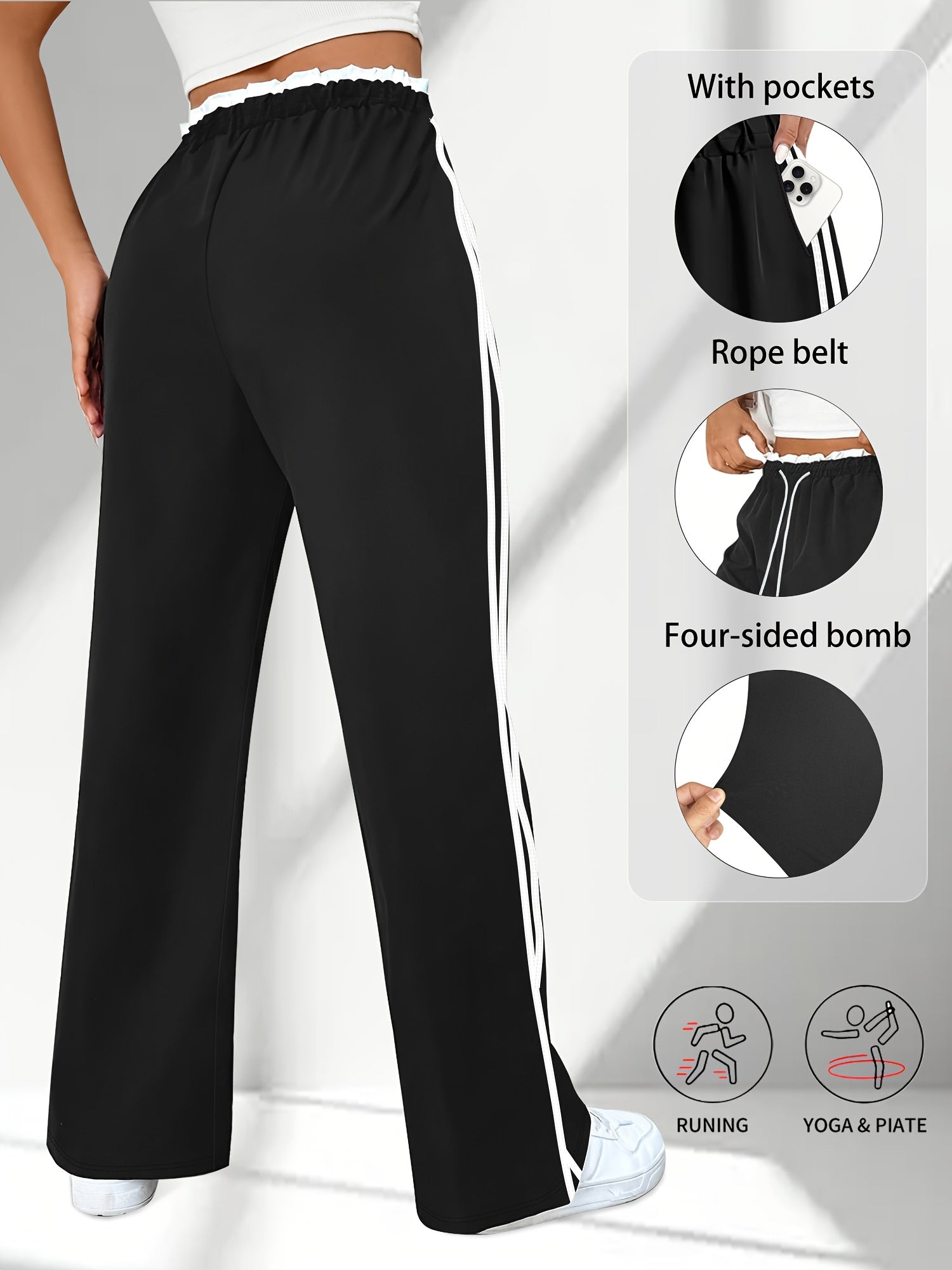 Женские брюки большого размера с высокой талией и широкими штанинами, с шнурком и карманами