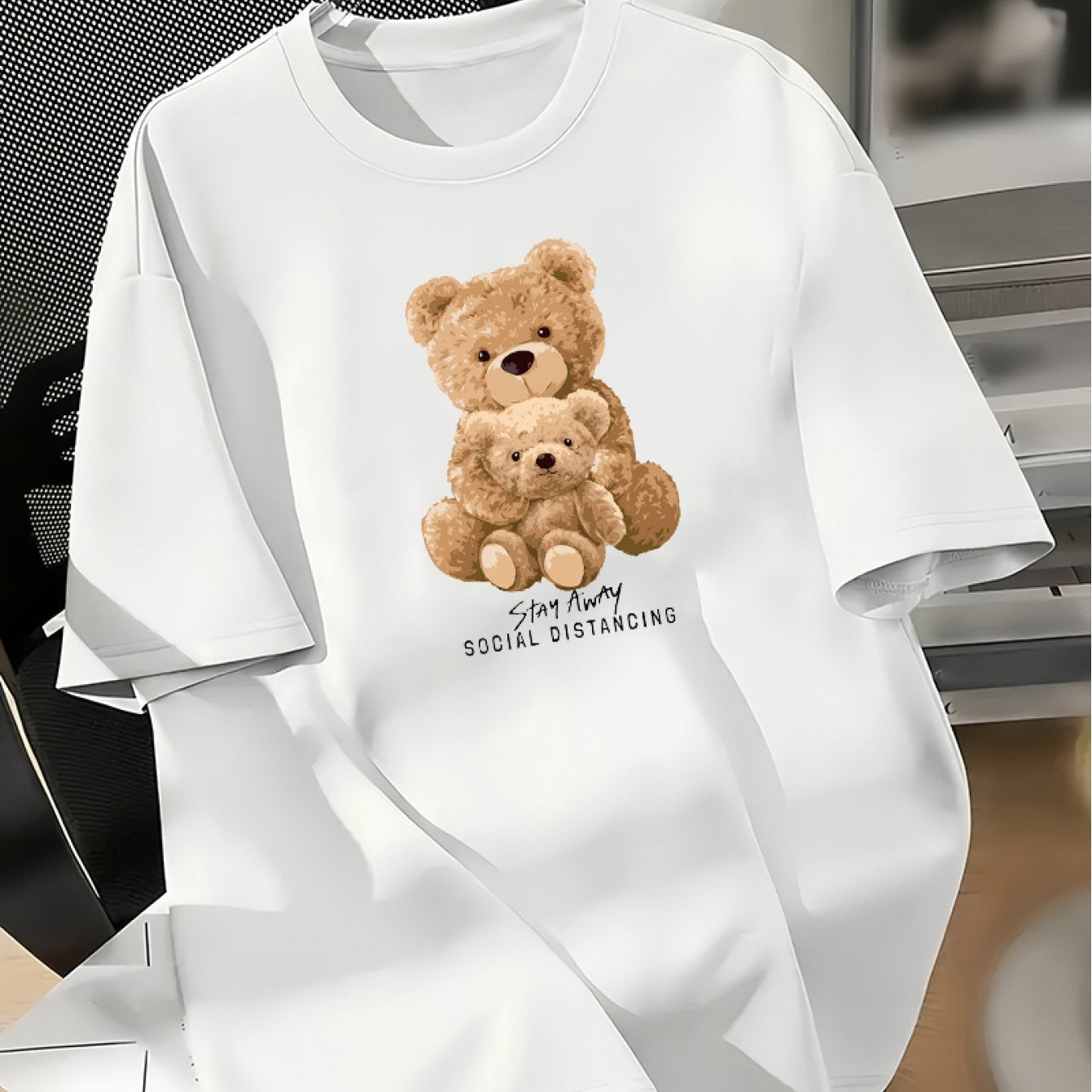 Women's Cotton Casual Crew Neck T-Shirt with Cartoon Bear Print Short Sleeve Loose Fit All-Season