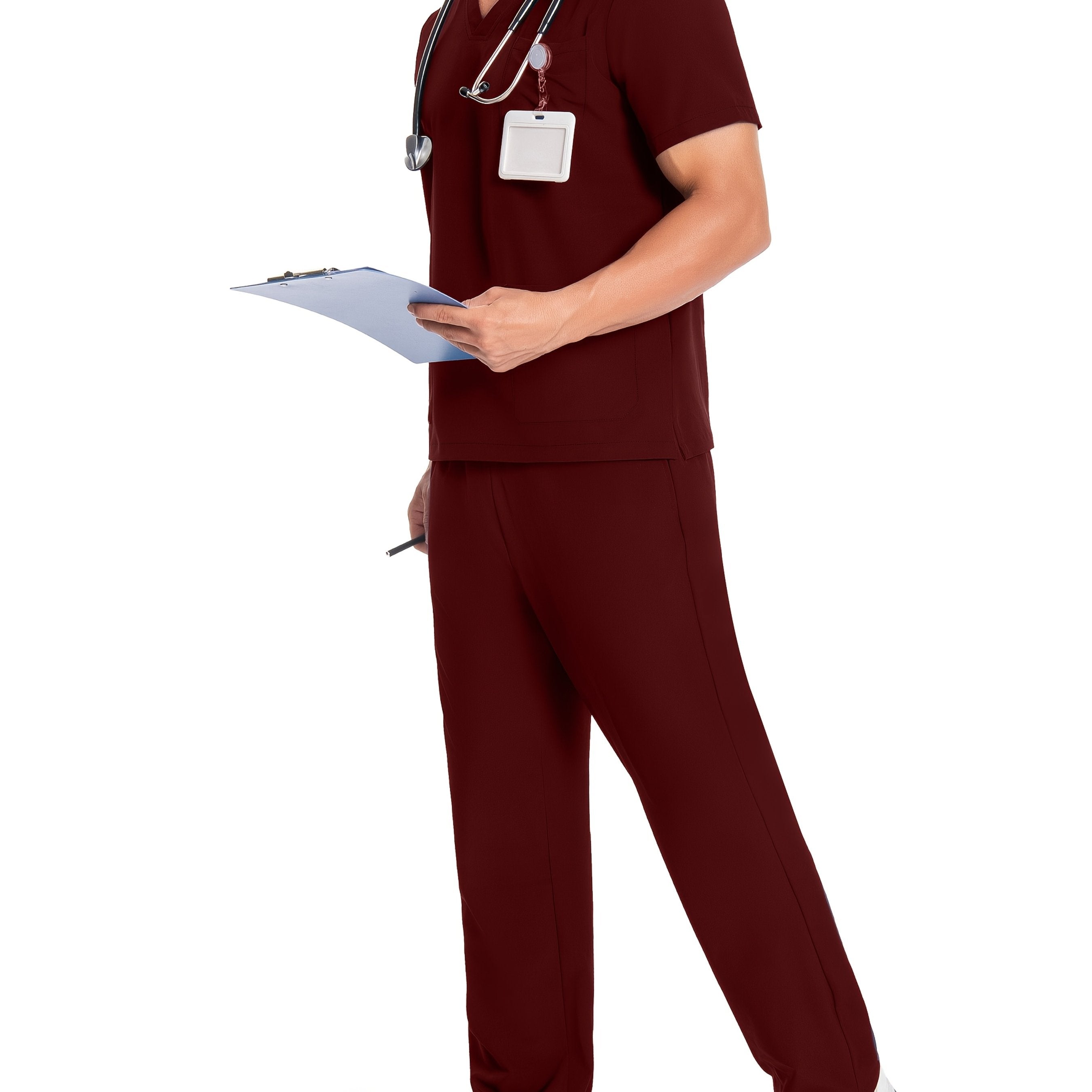 Men's Breathable Polyester Workwear Set V-Neck Top and Pants with Pockets for Pet Grooming and Lab Coats