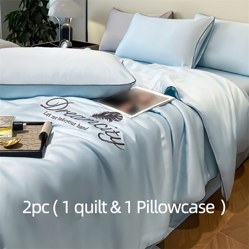 Summer Cooling Quilt Set with Embroidered Microfiber Pillowcases and Quilt