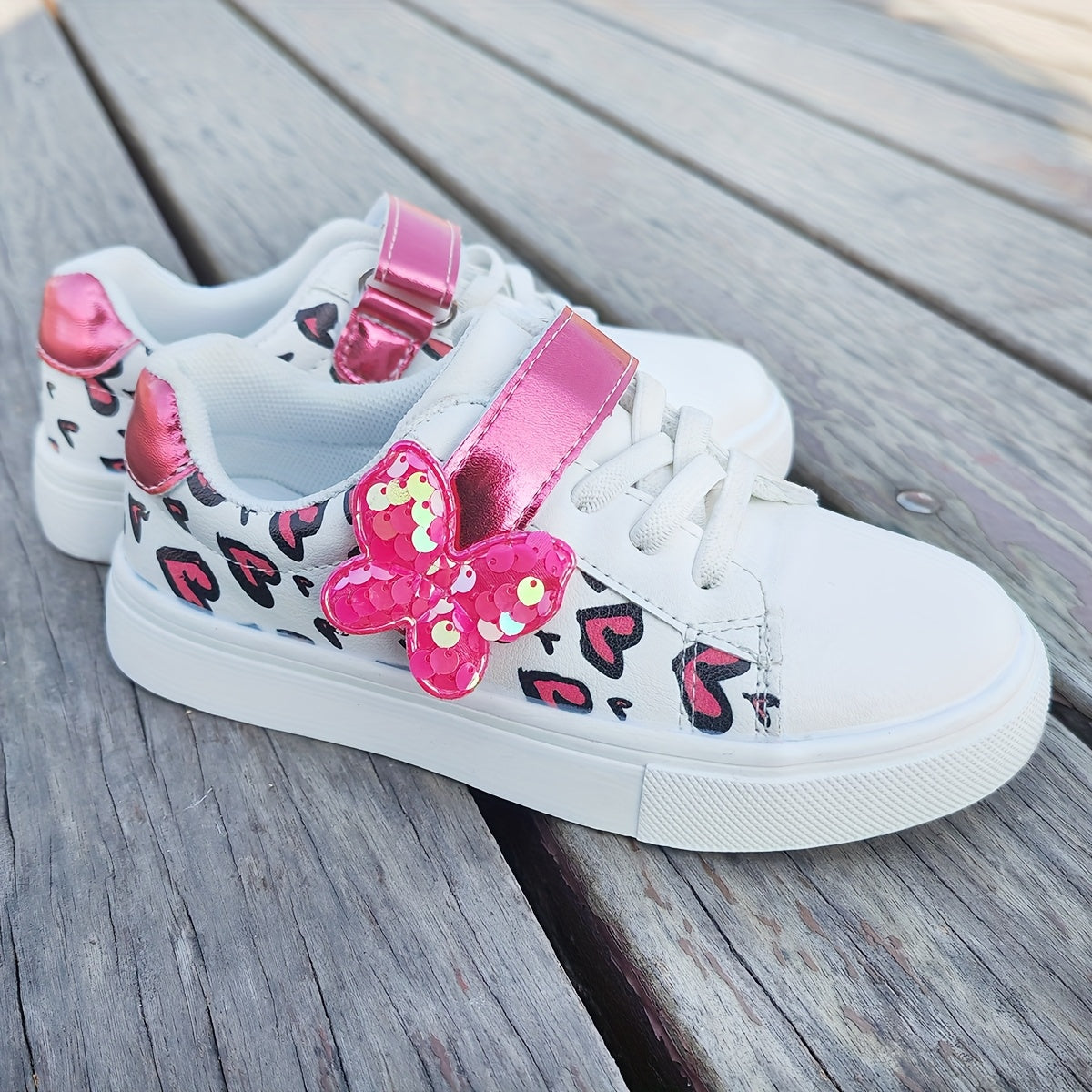 Girls' Sequin Heart and Butterfly Sneakers for Toddlers and Girls Casual Athletic Shoes