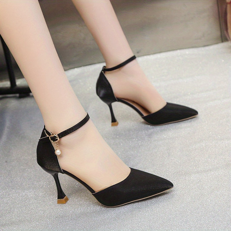 Women's Satin Pointed Toe High Heels with Ankle Strap for Evening and Wedding