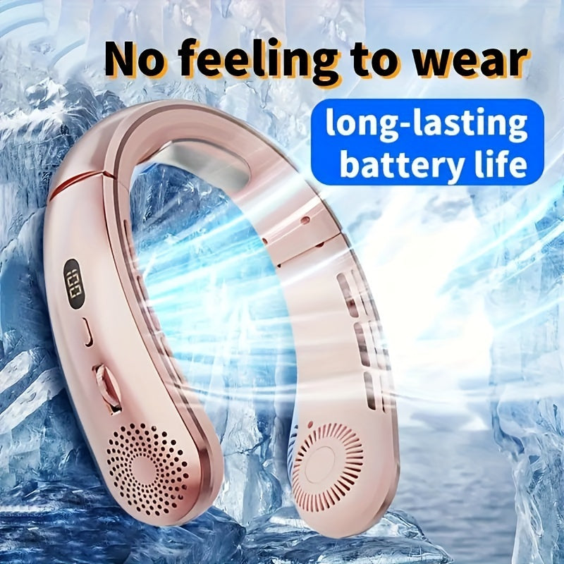 Rose Gold USB Neck Fan with 100 Speeds, LED Display, Fast Charging