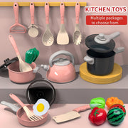 Pink Children's Play Kitchen Toys with Pots Pans and Tableware for Kids