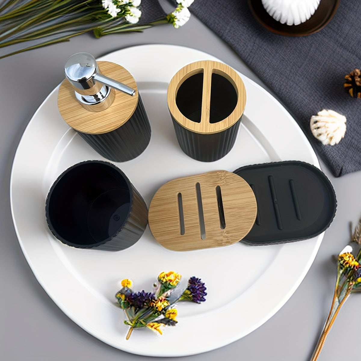 4-Piece Bamboo Bathroom Accessories Set with Dispenser, Toothbrush Holder, Soap Dish and Mat