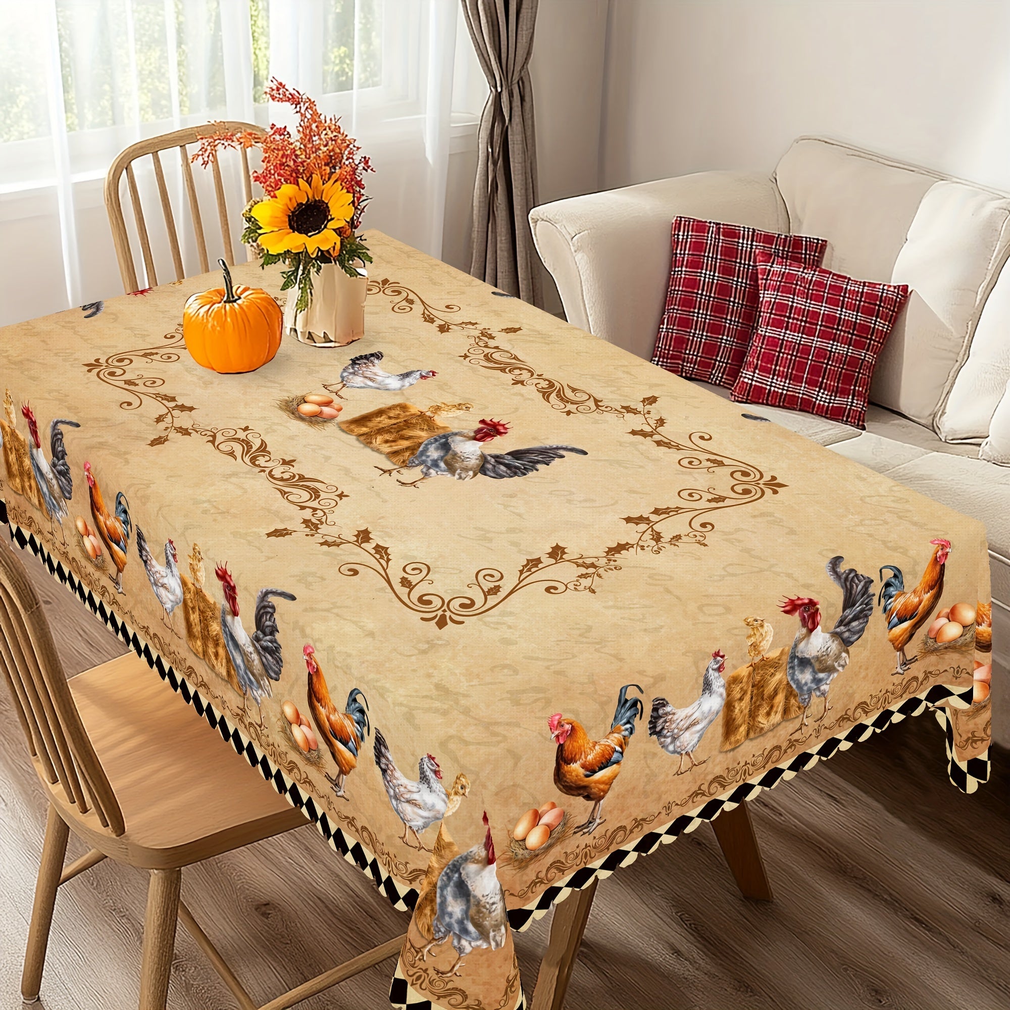 Farmhouse Rooster Chick Egg Print Tablecloth for Indoor Outdoor Use