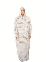 Plus o'lchamli polka nuqta abaya kaftan bo'sh fit maxi kiyim bilan kapşonli oq qora
