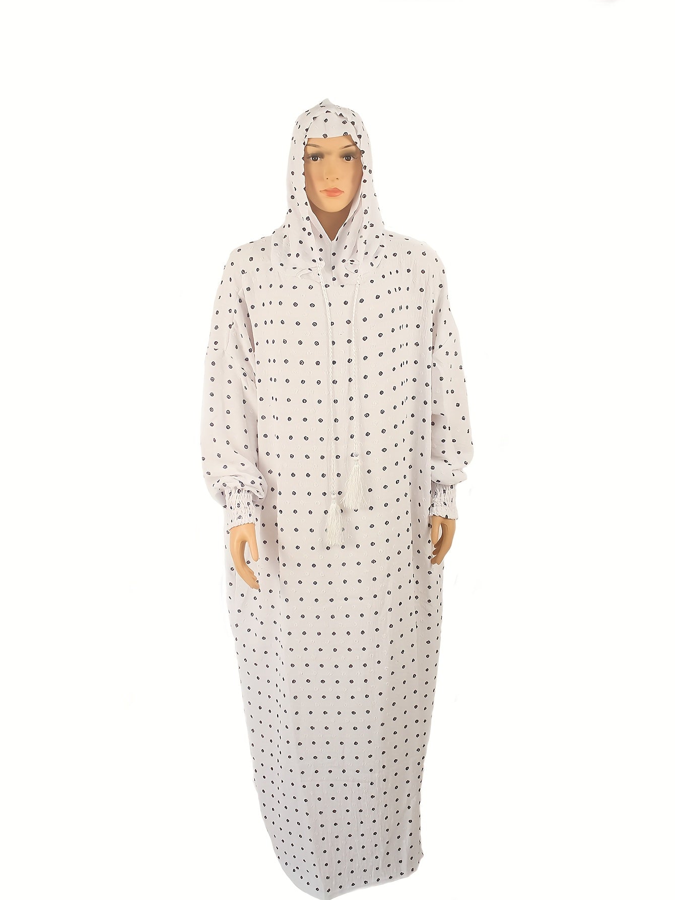 Plus o'lchamli polka nuqta abaya kaftan bo'sh fit maxi kiyim bilan kapşonli oq qora