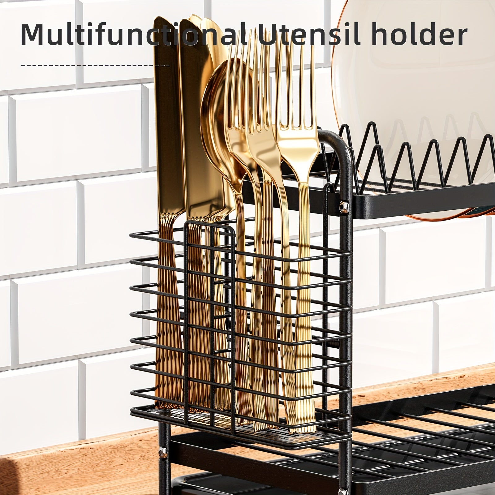 Двухъярусная стойка для сушки посуды с поддоном для слива и хранением кухонных аксессуаров