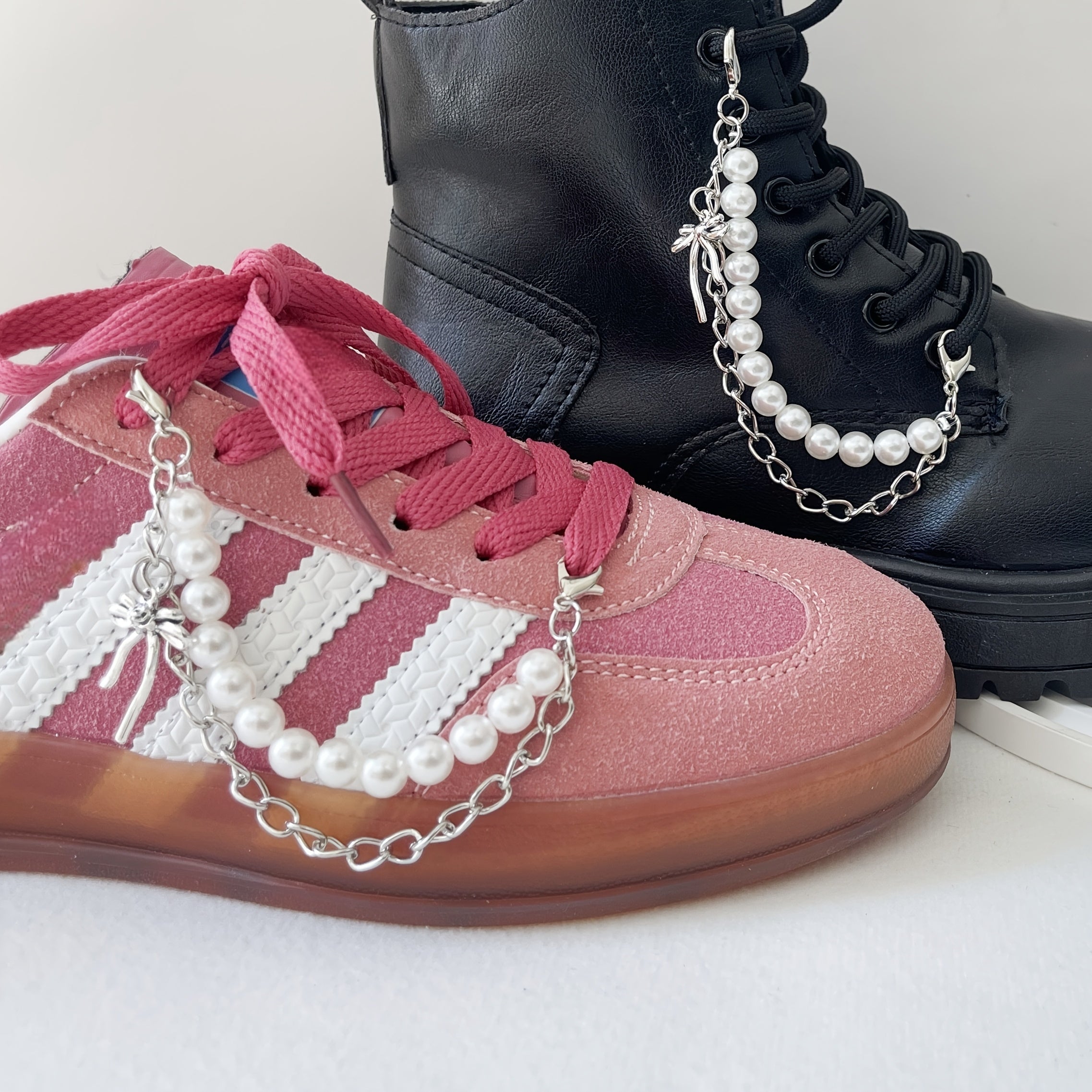 Women's Pearl Bow Shoe Accessories 2pcs Removable Metal Chain for Shoes and Bags