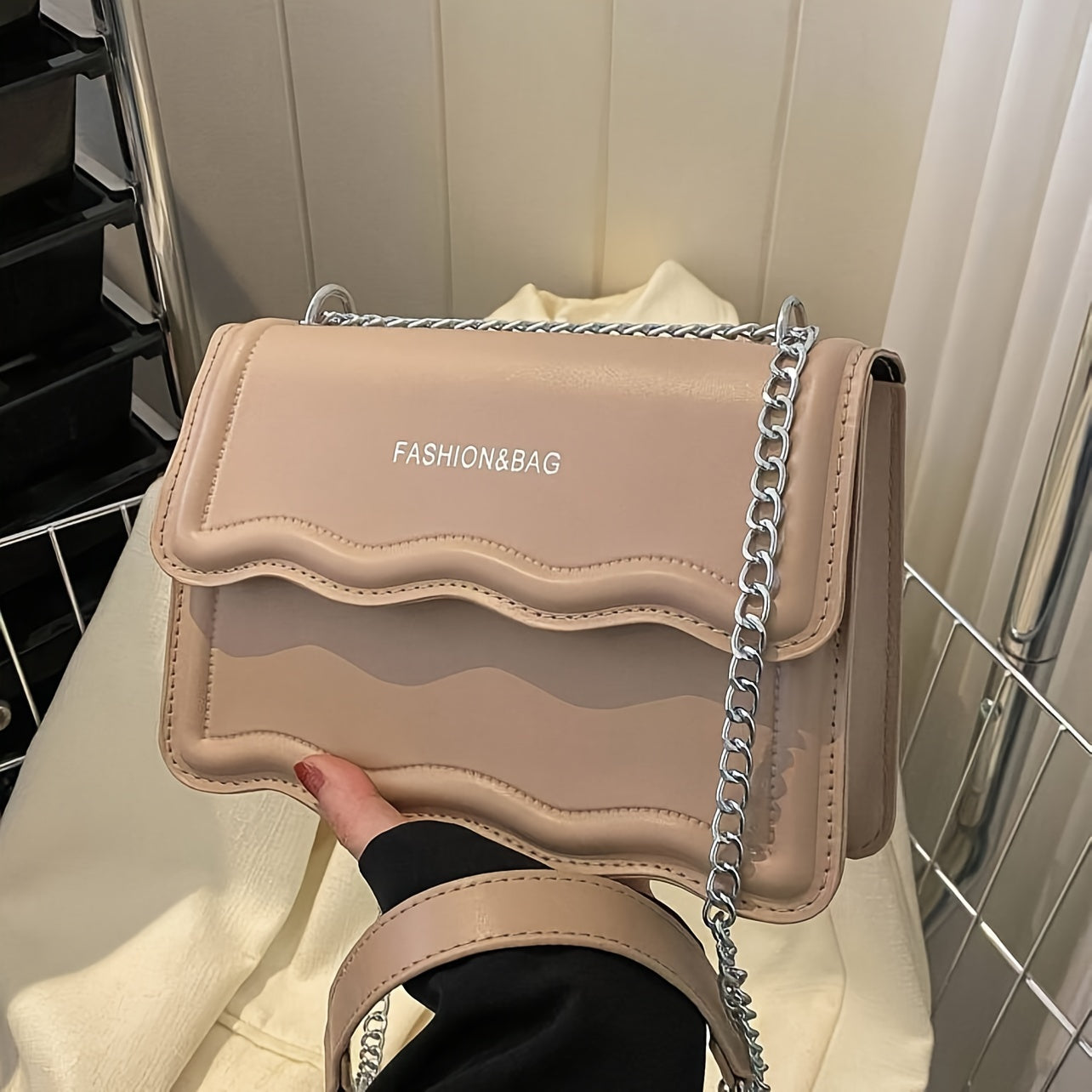 Small Square PU Crossbody Bag with Scallop Detail and Chain Shoulder Strap