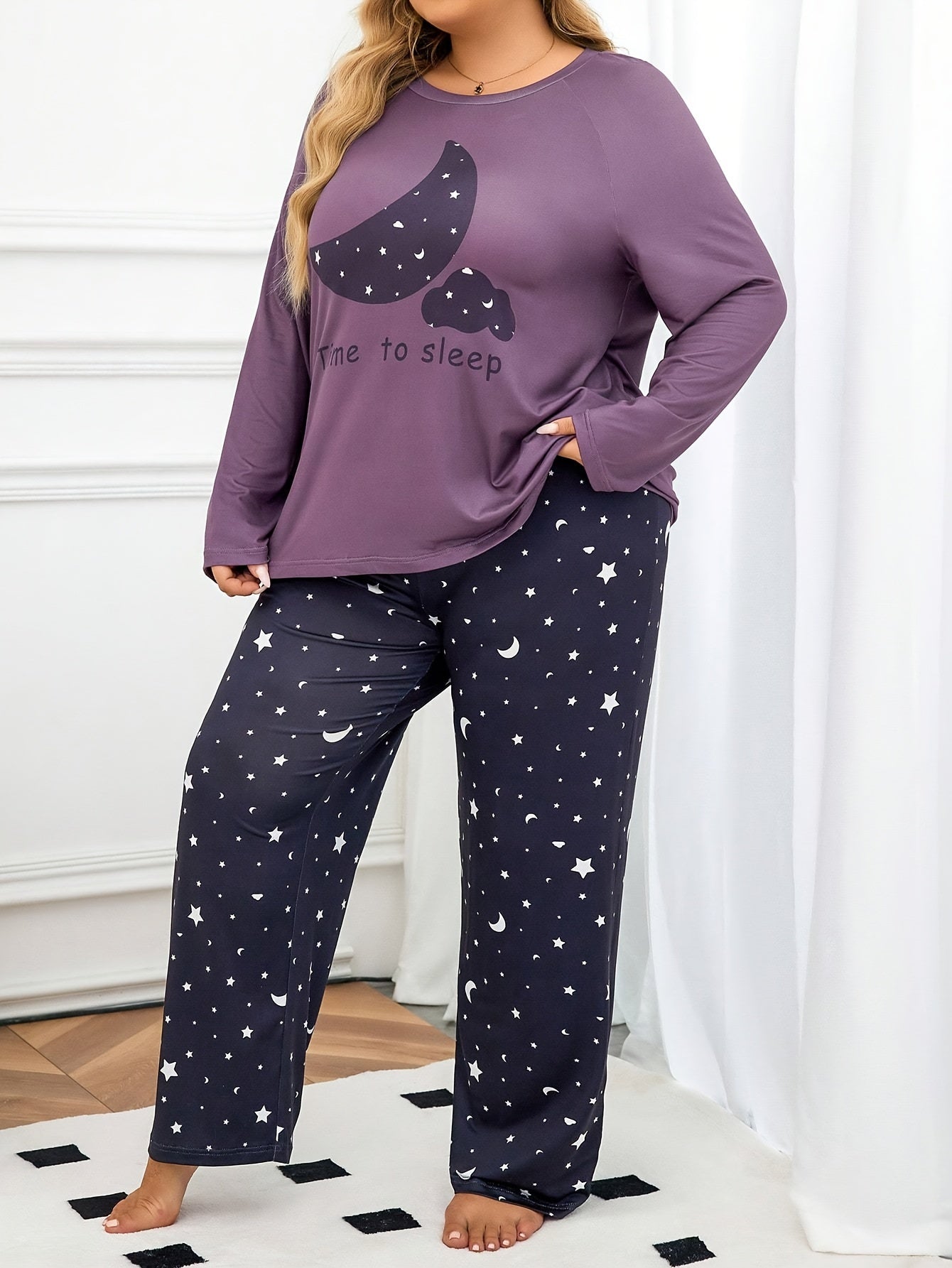 Purple Moon Pattern Pajama Set for Adults Long-Sleeved Pants Casual Comfortable