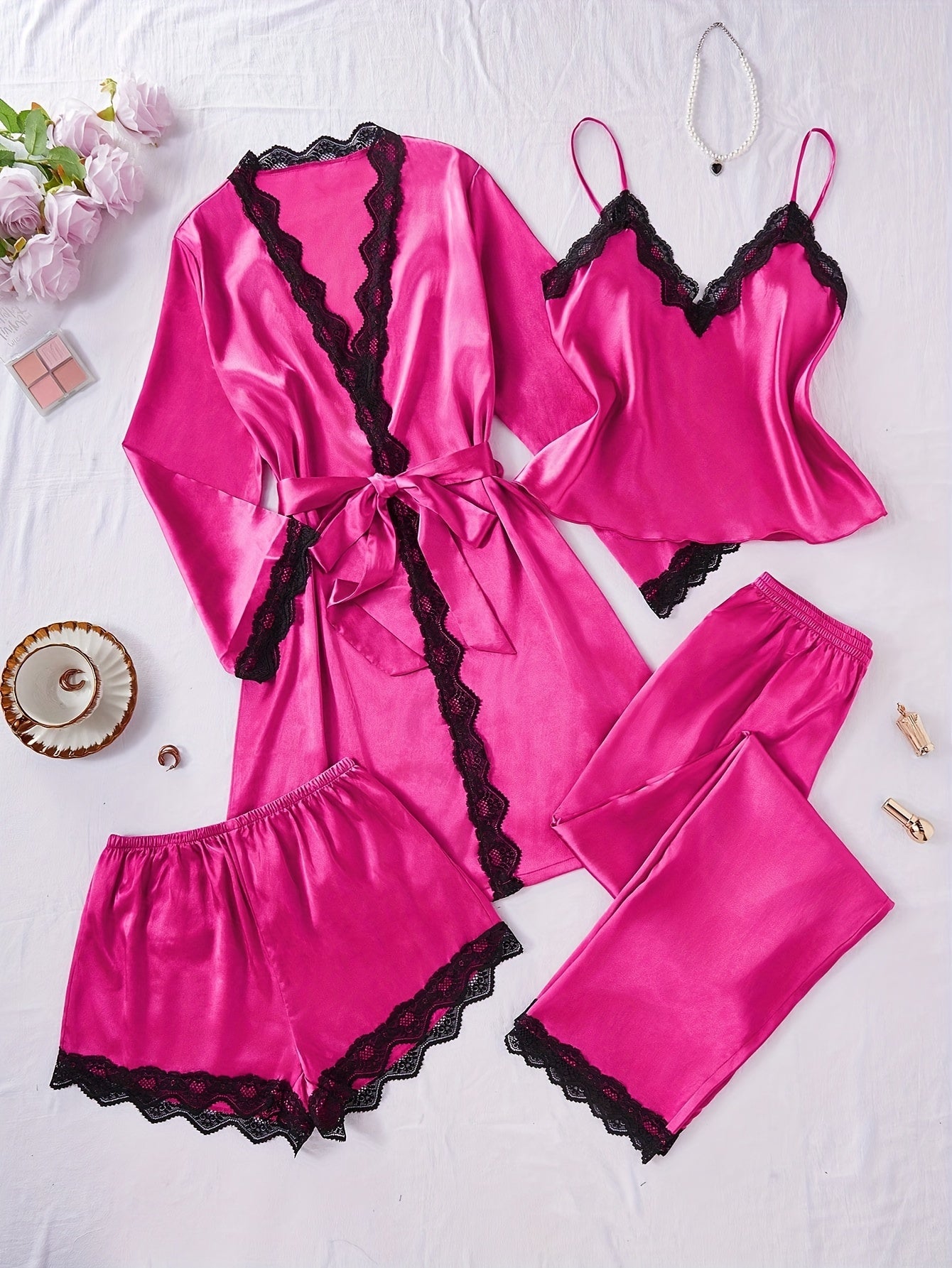 Women's Solid Polyester Pajama Set with Lace Trim Camisole Shorts Pants and Robe